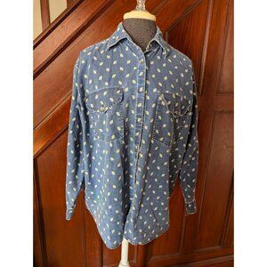 Eddie Bauer Womens Petite S Blue Floral Print Button-Up Denim Shirt 100% Cotton